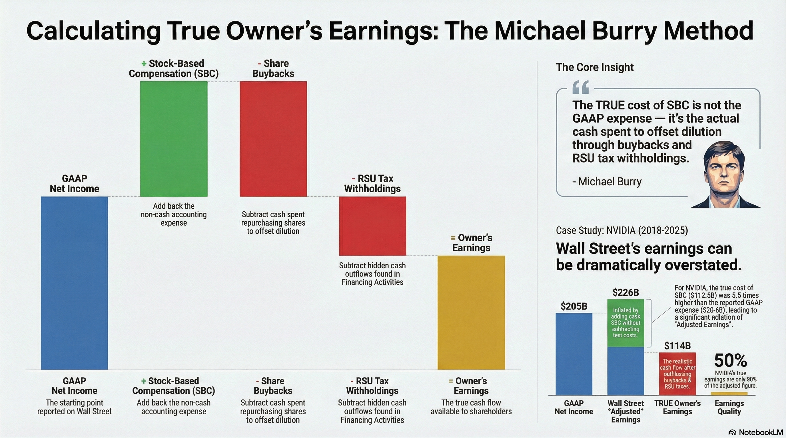 Calculating True Owner's Earnings: Start with Net Income, add back SBC expense, then subtract actual Buybacks and RSU Tax withholdings